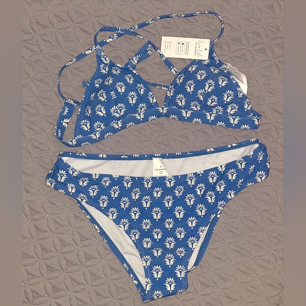 CUPSHE blue Ornate Triangle bikini top (S) & bottom (M)▪️swimwear ▪️ 2pc ▪️ NWT - Picture 2 of 4